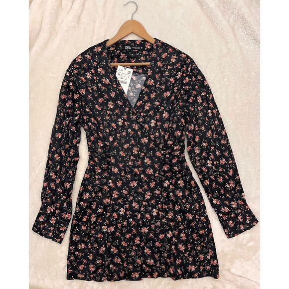 NWT Zara Black Floral Printed V Neck Ruched Mini 90’s Dress - Picture 6 of 9